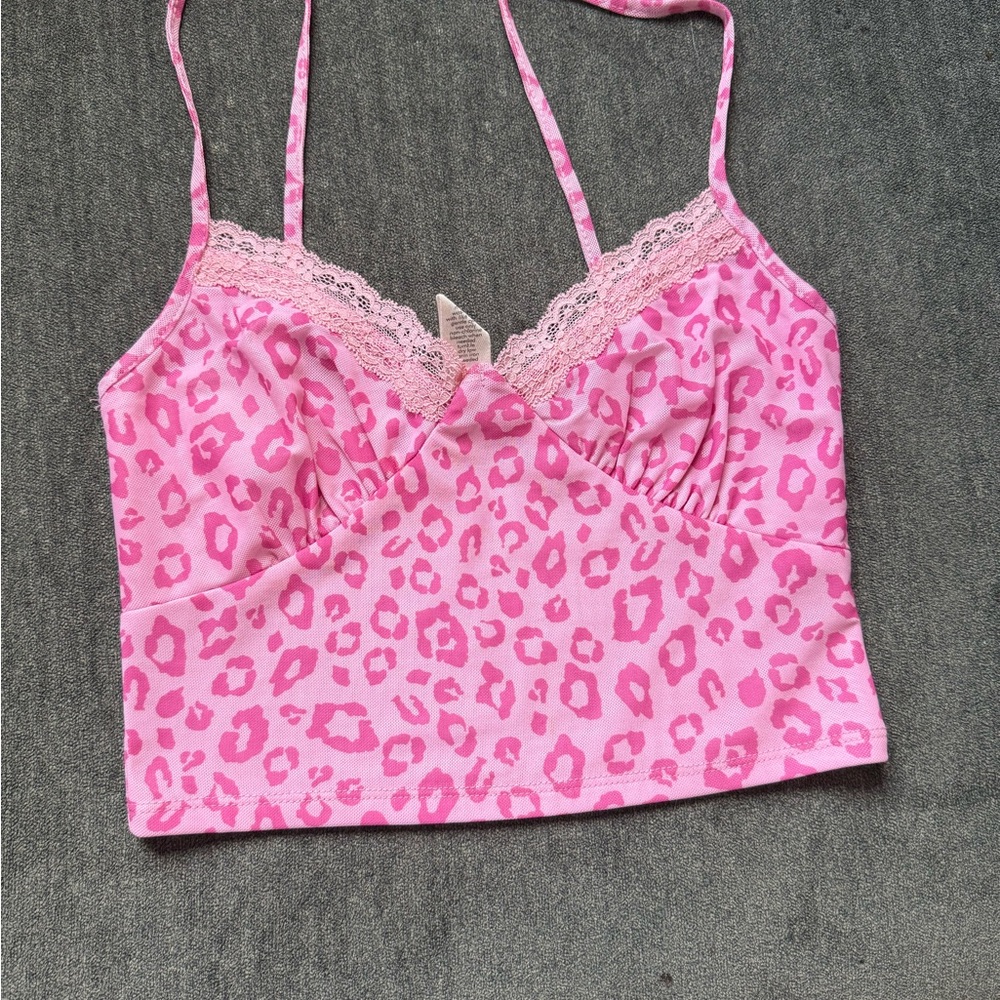 Pink Leopard Print Lace Trim Camisole